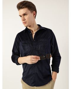 Navy  Classic Spread Collar Textured Slim Fit Casual Shirt