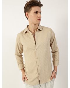 Beige  Premium Spread Collar Textured Solid Slim Fit Casual Shirt