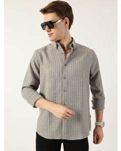 Grey Premium Spread Collar Vertical Striped Slim Fit Casual Shirt