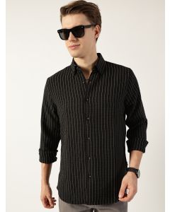 Black Premium Spread Collar Vertical Striped Slim Fit Casual Shirt