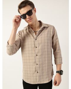 Beige Smart Spread Collar Windowpane Checked Slim Fit Casual Shirt