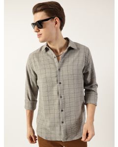 Grey  Smart Spread Collar Windowpane Checked Slim Fit Casual Shirt