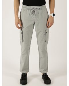 Grey Cotton Smart Straight Fit Easy Wash Cargos Trousers