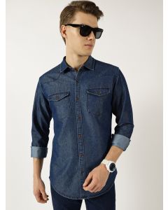 Indigo  Classic Spread Collar Faded Cotton Slim Fit Casual Shirt