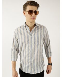 Navy  Classic Spread Collar Vertical Striped Linen Slim Fit Casual Shirt