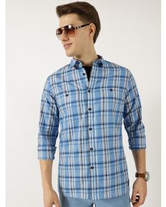 Blue  Classic Spread Collar Tartan Checked Cotton Slim Fit Casual Shirt