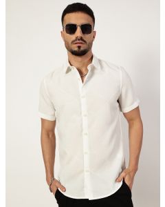 White Slim Fit Short Sleeves Textured Shirt
