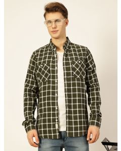 Olive Slim Fit Long Sleeves Checked Shirt