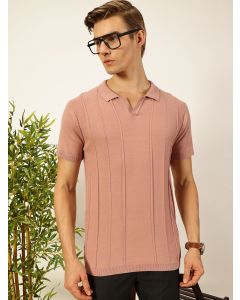 Pink  Knit Striped Polo Collar T-shirt