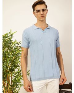 Sky Blue  Knit Striped Polo Collar T-shirt