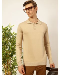 Beige  Knit Solid Polo Collar Cotton T-shirt