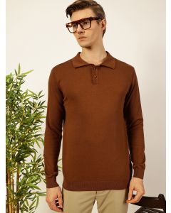 Brown  Knit Solid Polo Collar Cotton T-shirt