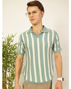 Teal  Bio Finish Striped Polo Collar Cotton T-shirt