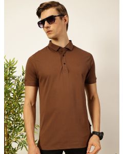 Brown  Solid Polo Collar Cotton T-shirt