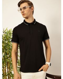 Black  Solid Polo Collar Cotton T-shirt