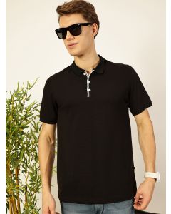 Black Regular Fit Short Sleeves Solid Polo Collar Knit Tshirt