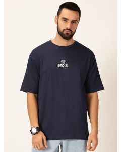 Men Navy Blue Printed Cotton Tshirt
