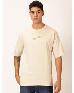 Men Beige Printed Oversized Cotton Tshirt