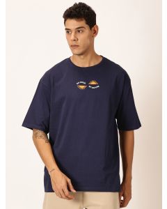 Men Navy Blue Printed Oversized Cotton Tshirt
