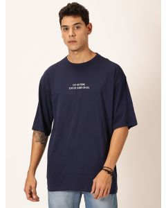 Men Navy Blue Printed Oversized Cotton Tshirt