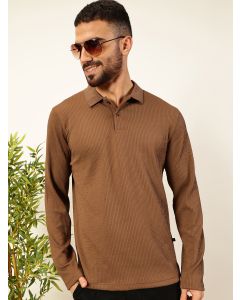 Men Brown Textured Polo Collar Tshirt