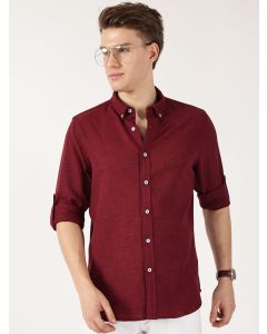 Maroon Slim Fit Long Sleeves Button-Down Collar Polyester Casual Shirt