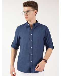 Midnight Blue Slim Fit Long Sleeves Button-Down Collar Polyester Casual Shirt