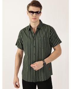 Bottle Green Classic Slim Fit Striped Cotton Casual Shirt