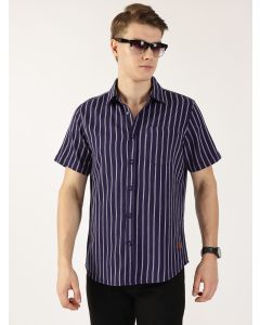 Dark Blue Classic Slim Fit Striped Cotton Casual Shirt