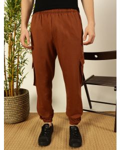 Brown Relaxed Fit Mid Rise Solid Knitted Cargo Joggers