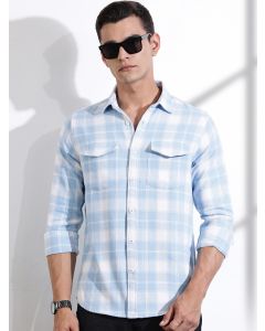 Blue Regular Fit Long Sleeves Windowpane Checks Casual Shirt