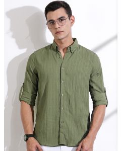 Olive Slim Fit Long Sleeves Textured Casual Shirt