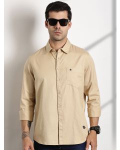 Beige Slim Fit Long Sleeves Solid Cotton Casual Shirt