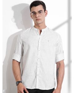 Brown Slim Fit Vertical Stripes Linen Casual Shirt