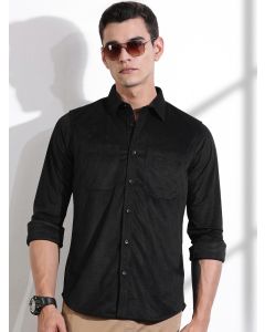 Black Slim Fit Long Sleeves Self-Structured Velvet Casual Shirt
