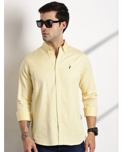 Yellow Button Down Collar Slim Fit Solid Cotton Casual Shirt