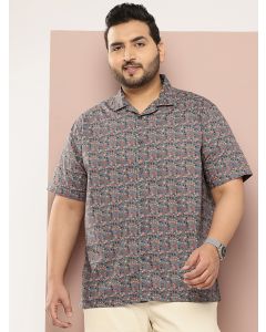 Grey Plus Size Regular Fit Short Sleeves Floral Printed Casual Shirt