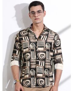 Brown Slim Fit  Long Sleeves Abstract Printed Casual Shirt
