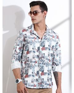 White Slim Fit  Long Sleeves Abstract Printed Casual Shirt