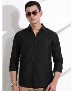 Black Slim Fit Long Sleeves Solid Self Design Casual Shirt