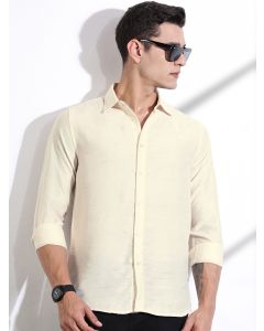 Cream Slim Fit Long Sleeves Solid Self Design Casual Shirt