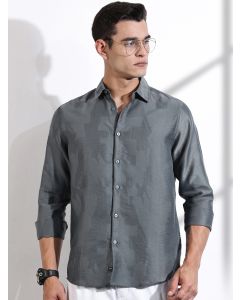Grey Slim Fit Long Sleeves Solid Self Design Casual Shirt
