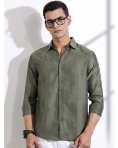Olive Slim Fit Long Sleeves Solid Self Design Casual Shirt