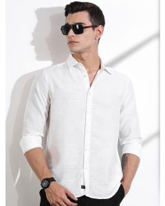White Slim Fit Long Sleeves Solid Self Design Casual Shirt