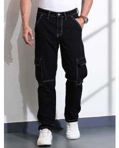 Black Relaxed Fit Cargo Style Cotton Jeans