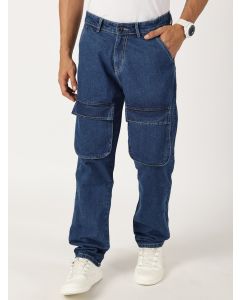 Blue Relaxed Fit Cargo Style Cotton Jeans