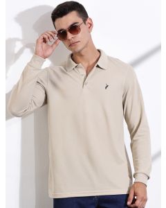 Beige Regular Fit Long Sleeve Solid Polo Collar T-shirt