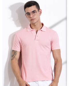 Pink Typography Printed Polo Collar Cotton T-shirt