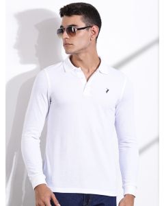 White Regular Fit Long Sleeve Solid Polo Collar T-shirt