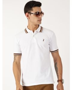 White Regular Fit Short Sleeve Solid Polo Collar Cotton T-shirt